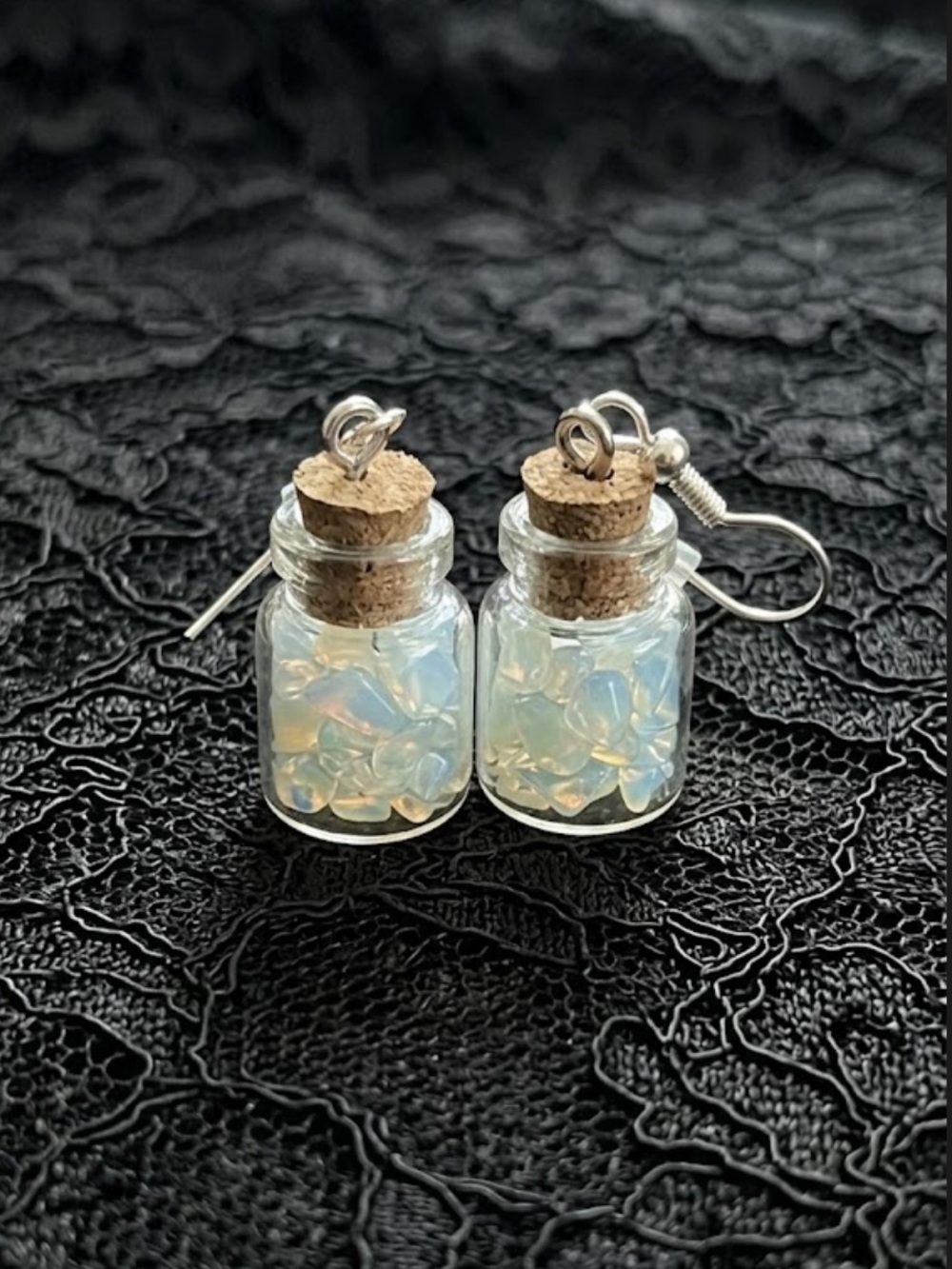 Handmade Mini Opalite Crystal Filled Glass Spell Jar Drop Earrings
